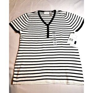Liz Claiborne Woman’s Large V Neck Black White‎ Stripe Short Sleeve Top NWT $39